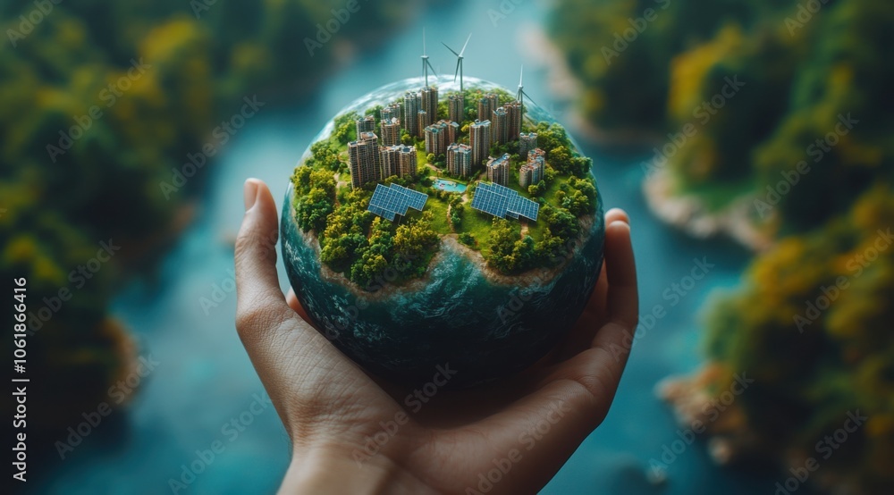 Hand holding a planet Earth with a green city, wind turbines, and solar panels on a blue background. Green energy concept Hand holding a planet Earth with a green city, wind turbines, and solar panels on a blue background. Green energy concept