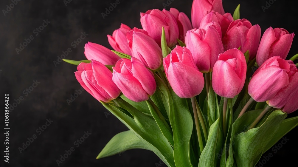 Obraz premium Pink Tulips Bouquet on Dark Background
