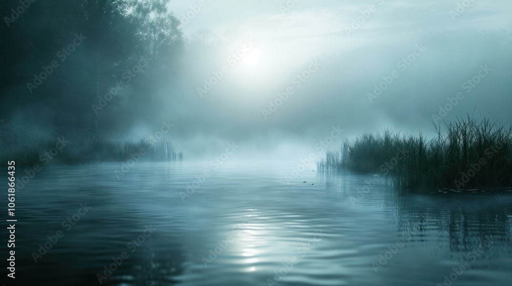 Fototapeta premium A tranquil misty landscape with calm water reflecting a soft light, evoking a serene and peaceful atmosphere.