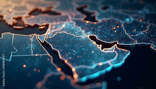 Abstract map of Saudi Arabia, Middle East and North Africa, concept of global network and connectivity, data transfer and cyber technology, information exchange and telecommunication