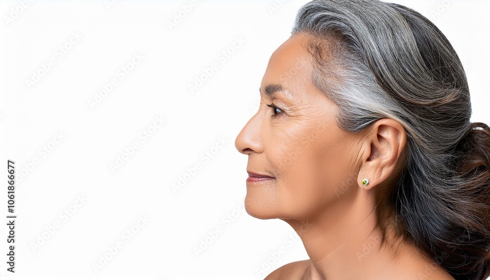 Portrait of beautiful senior woman with clean glowing face skin side view isolate on transparency background Portrait of beautiful senior woman with clean glowing face skin side view isolate on transparency background