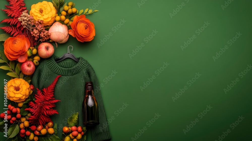 Autumnal Green Sweater with Fall Decorations on a Green Background Autumnal Green Sweater with Fall Decorations on a Green Background
