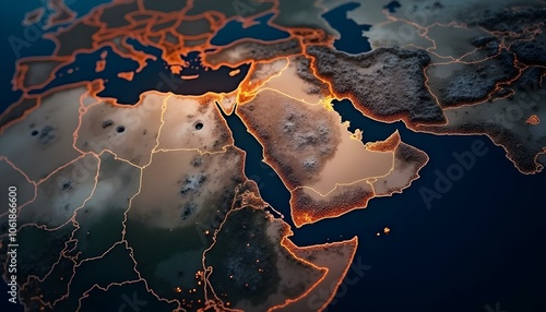 Abstract map of Saudi Arabia, Middle East and North Africa, concept of global network and connectivity, data transfer and cyber technology, information exchange and telecommunication