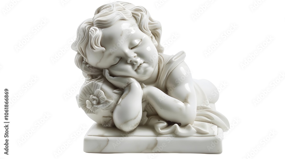 A serene marble sculpture of a sleeping cherub resting on its hand, embodying tranquility. A serene marble sculpture of a sleeping cherub resting on its hand, embodying tranquility.