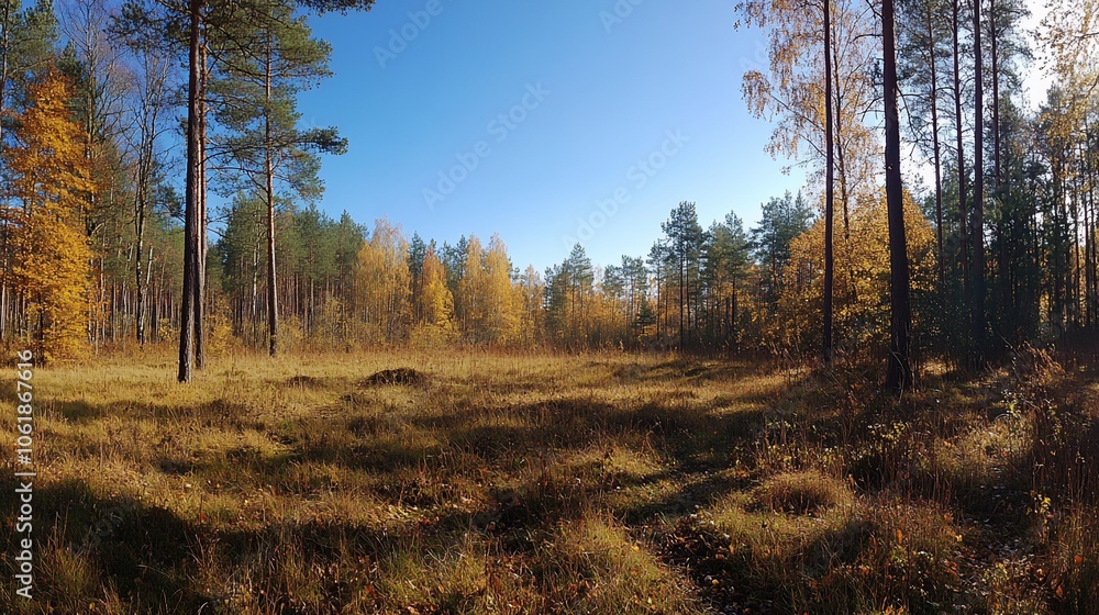 Fototapeta premium Sunny autumn day in a forest clearing with tall trees and golden leaves.