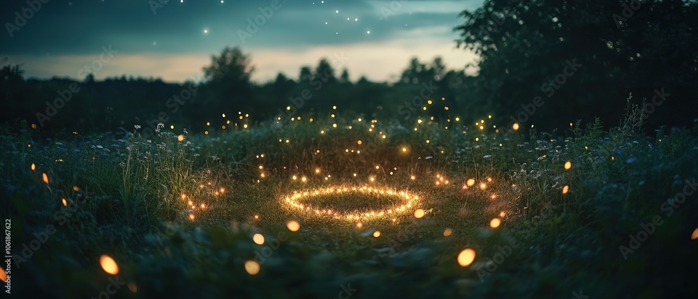 Naklejka premium A mystical glowing circle surrounded by fireflies in a serene forest at twilight creating an enchanting atmosphere of nature