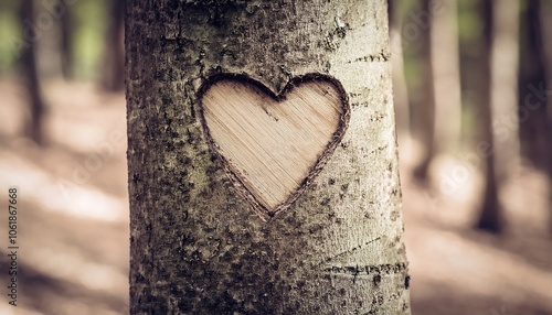 Heart Carved into Tree Trunk in a Serene Forest Setting Symbolizing Love and Connection for Valentine's Day photo