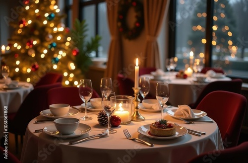 New Year's restaurant interior with round tables set for a festive dinner. In the background is a Christmas tree