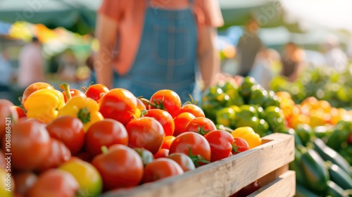 A vibrant farmer's market scene with fresh tomatoes and assorted vegetables displayed in wooden crates, capturing sunny outdoor market life.