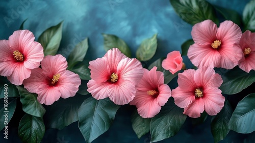 Pink Hibiscus Flowers with Green Leaves on a Blue Background