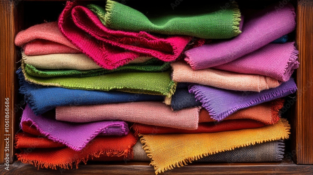 Stack of Colorful Fabric Swatches in Wooden Drawer Stack of Colorful Fabric Swatches in Wooden Drawer