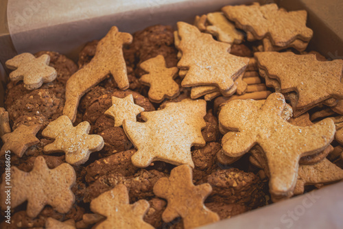 A box of Christmas cookies in the shape of animals and people. Homemade dishes. Festive menu. Christmas gingerbread cookies. New Year's tradition. Festive mood. Lots of sweets. Christmas card. 