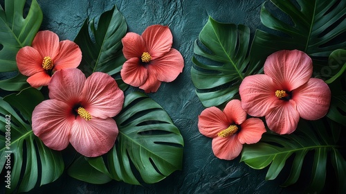 Pink Hibiscus Flowers and Monstera Leaves on a Dark Green Background