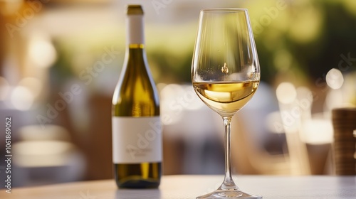 A bottle of white wine and a glass of white wine are on a table