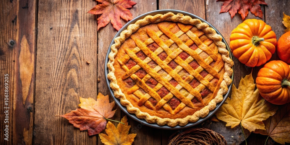 A Rustic Thanksgiving Tabletop Scene Featuring a Golden Brown Pumpkin Pie, Autumn Leaves, and Small Pumpkins A Rustic Thanksgiving Tabletop Scene Featuring a Golden Brown Pumpkin Pie, Autumn Leaves, and Small Pumpkins