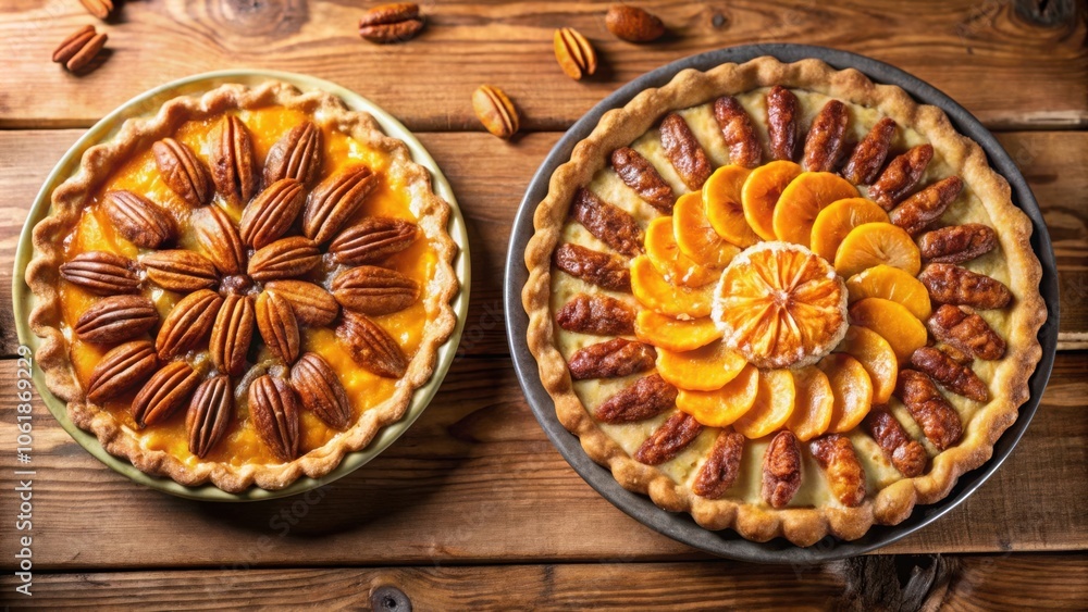 Two Delicious Pies with Unique Toppings One with Pecans and the Other with Sliced Fruit Two Delicious Pies with Unique Toppings One with Pecans and the Other with Sliced Fruit