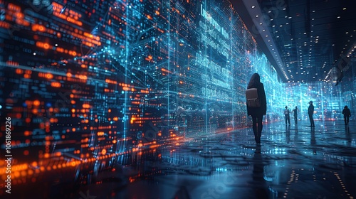A futuristic tech office with employees interacting with holographic displays, sleek and modern, glowing blue and white lights, innovation and digital transformation concept