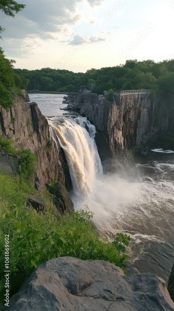 Stunning view of the Great Falls cascading into the river surrounded by lush greenery and rocky cliffs during the golden hour Stunning view of the Great Falls cascading into the river surrounded by lush greenery and rocky cliffs during the golden hour