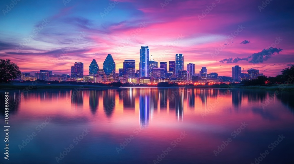 Stunning Dallas skyline captured at dusk reflecting on calm waters with vibrant colors illuminating the sky and cityscape Stunning Dallas skyline captured at dusk reflecting on calm waters with vibrant colors illuminating the sky and cityscape