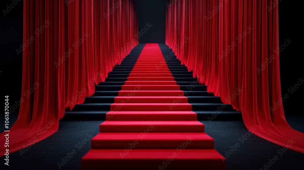 Fototapeta premium Red Carpet Stairway with Red Curtains