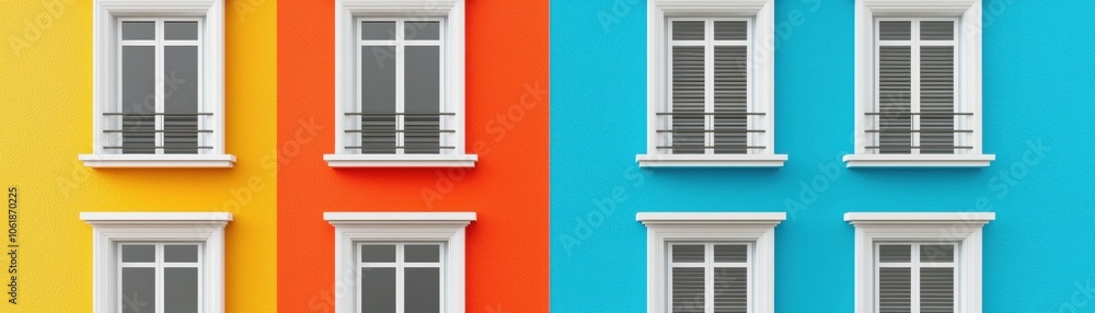 Fototapeta premium A vibrant split image of buildings featuring bright yellow, orange, and blue walls with white windows, showcasing modern architectural design.