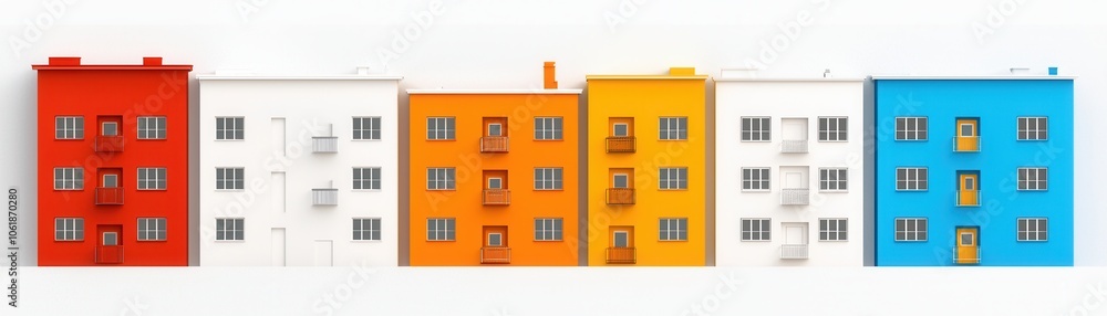 A vibrant row of colorful apartment buildings, featuring red, white, yellow, and blue façades, showcasing modern architectural design. A vibrant row of colorful apartment buildings, featuring red, white, yellow, and blue façades, showcasing modern architectural design.