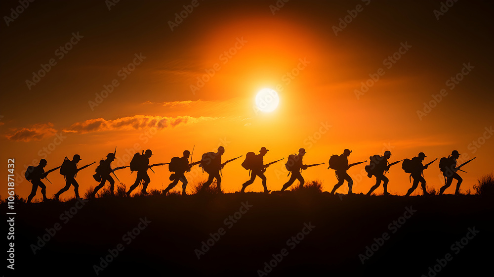 Silhouettes of soldiers marching into the sunset, military, army, war, sunrise, dusk Silhouettes of soldiers marching into the sunset, military, army, war, sunrise, dusk