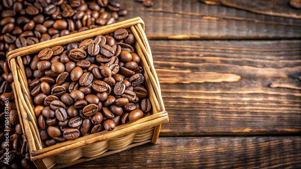 Freshly brewed coffee beans arranged neatly in a small wooden basket, packaging, wooden, natural, food Freshly brewed coffee beans arranged neatly in a small wooden basket, packaging, wooden, natural, food