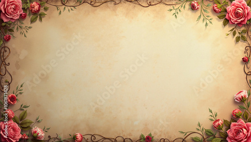 Wallpaper Mural Vintage Floral Border Frame Victorian Paper Style with Pink Roses on Beige Background
 Torontodigital.ca
