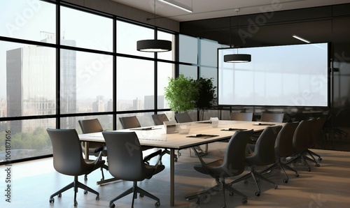 Boardroom Interior with Elegant Glass Walls, Large Meeting Table, and High-End Setup Isolated on Transparent Background 