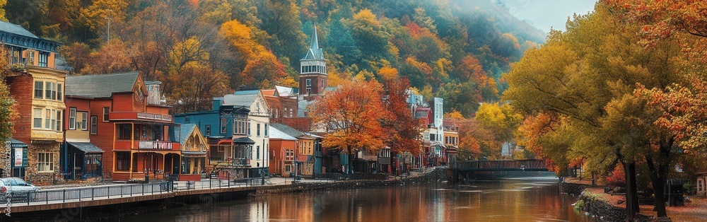 Charming autumn view of Jim with colorful trees lining the canal and historic buildings reflecting on the water Charming autumn view of Jim with colorful trees lining the canal and historic buildings reflecting on the water