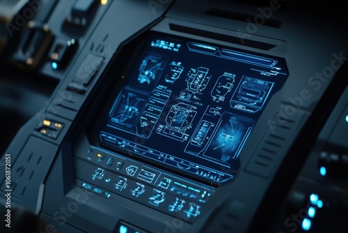 A sleek futuristic spaceship control panel featuring illuminated blue interfaces, complete with holographic displays and intuitive controls for advanced navigation and spacecraft management photo