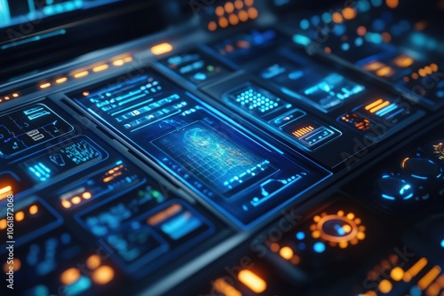 A sleek futuristic spaceship control panel featuring illuminated blue interfaces, complete with holographic displays and intuitive controls for advanced navigation and spacecraft management