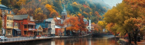 Charming autumn view of Jim with colorful trees lining the canal and historic buildings reflecting on the water