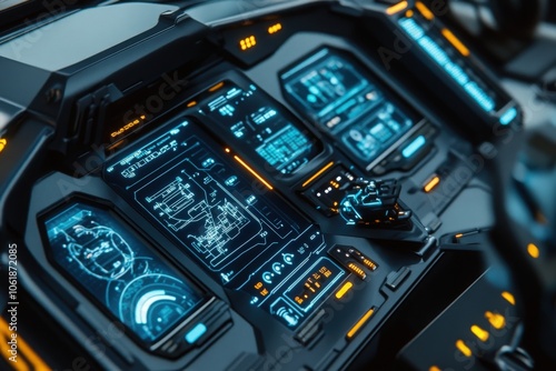 Fototapeta Naklejka Na Ścianę i Meble -  A sleek futuristic spaceship control panel featuring illuminated blue interfaces, complete with holographic displays and intuitive controls for advanced navigation and spacecraft management