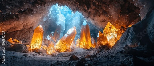 Glowing orange crystals illuminate a cave with clear blue water during the day, creating a stunning natural spectacle