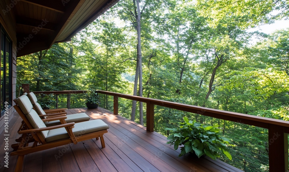 Two chairs sit on a wooden deck overlooking a lush green forest. Two chairs sit on a wooden deck overlooking a lush green forest.