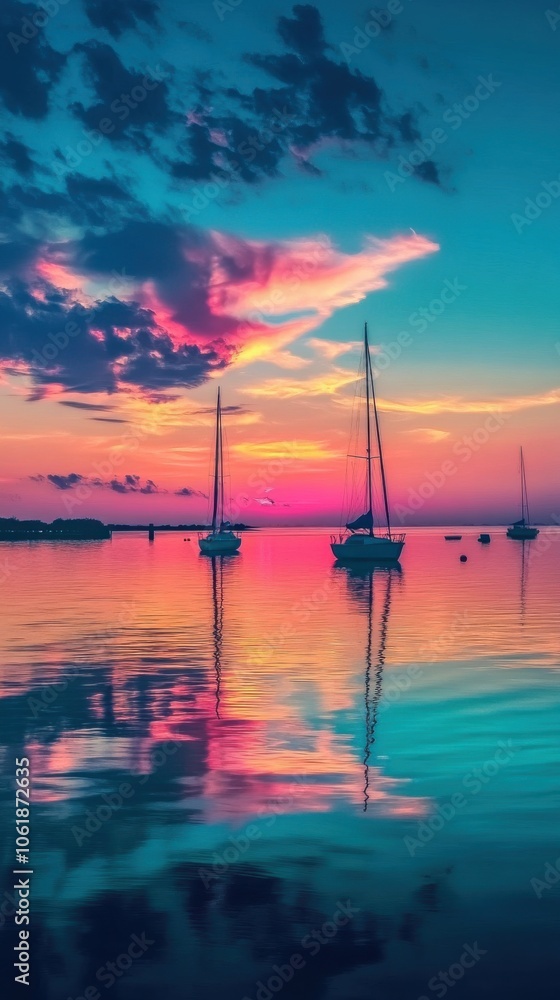 A picturesque view of Mobile Bay at dusk featuring sailboats reflecting vibrant colors on calm waters A picturesque view of Mobile Bay at dusk featuring sailboats reflecting vibrant colors on calm waters