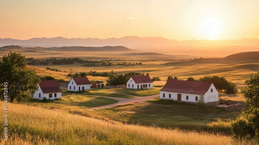 Enjoying the serene sunset view over Fort Union Trading Post in North Dakota, with historic structures nestled in the landscape Enjoying the serene sunset view over Fort Union Trading Post in North Dakota, with historic structures nestled in the landscape