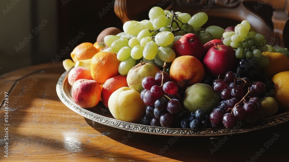 A vibrant fruit platter featuring assorted fresh fruits arranged beautifully on a decorative tray in a cozy kitchen setting A vibrant fruit platter featuring assorted fresh fruits arranged beautifully on a decorative tray in a cozy kitchen setting