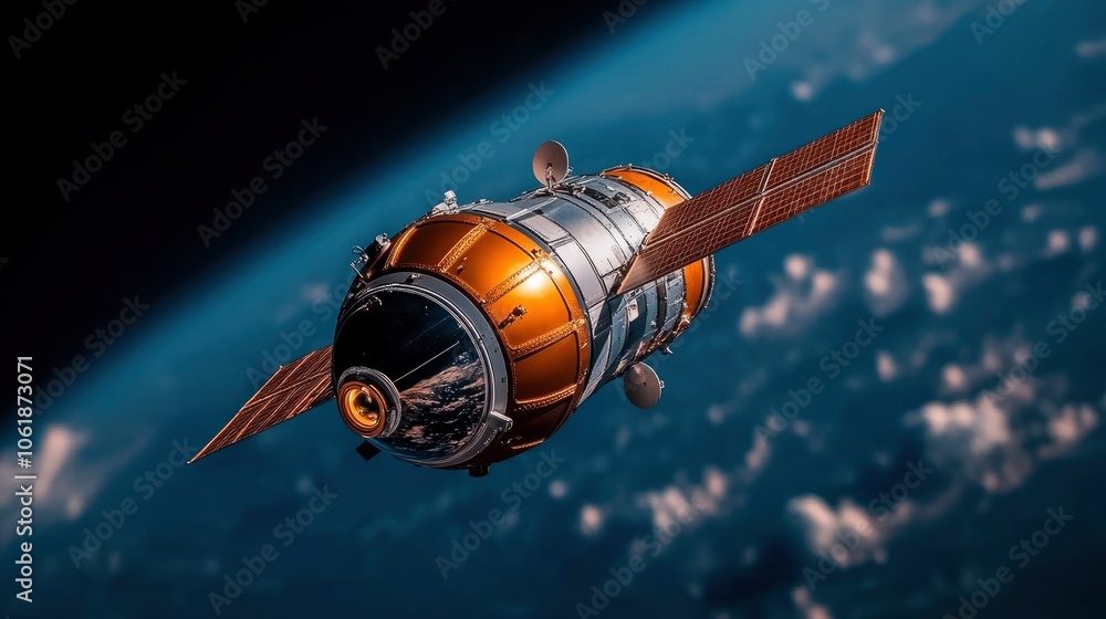 Fototapeta premium Spacecraft Orbiting Earth with Solar Panels