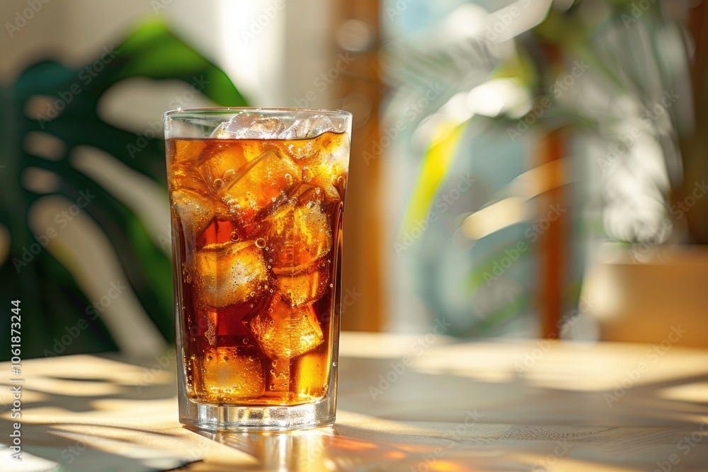 Glass of Cola with Ice Cubes on a Wooden Table Glass of Cola with Ice Cubes on a Wooden Table