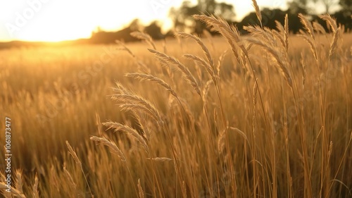 Golden wild wheat swaying on a field bathed in the warm light of sunset, creating a serene and tranquil scene, sunrise, beautiful