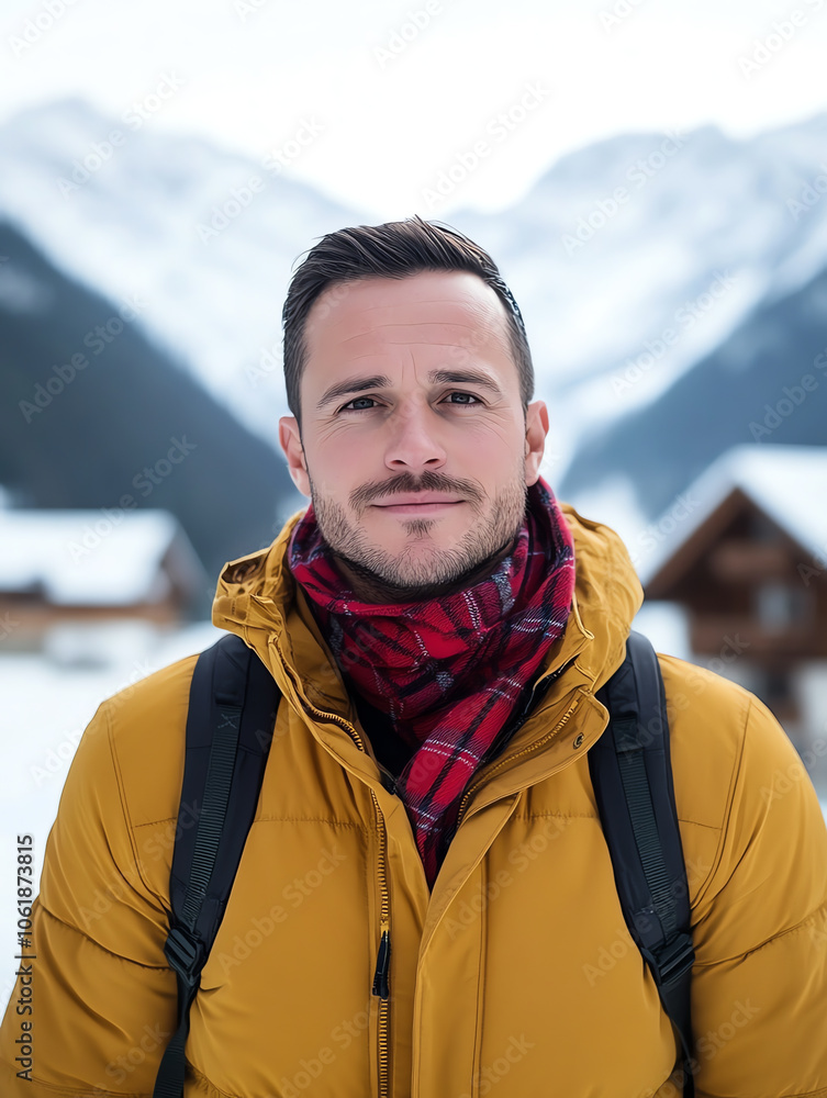 Handsome Man in Winter Gear with Scenic Alpine Background Handsome Man in Winter Gear with Scenic Alpine Background