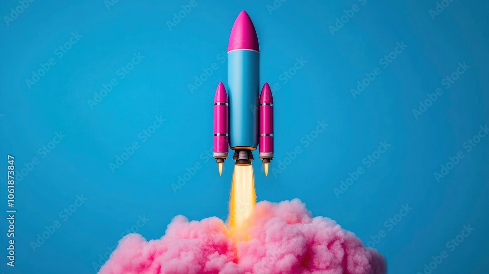 Pink and Blue Rocket Launching into Pink Smoke Against a Blue Background Pink and Blue Rocket Launching into Pink Smoke Against a Blue Background