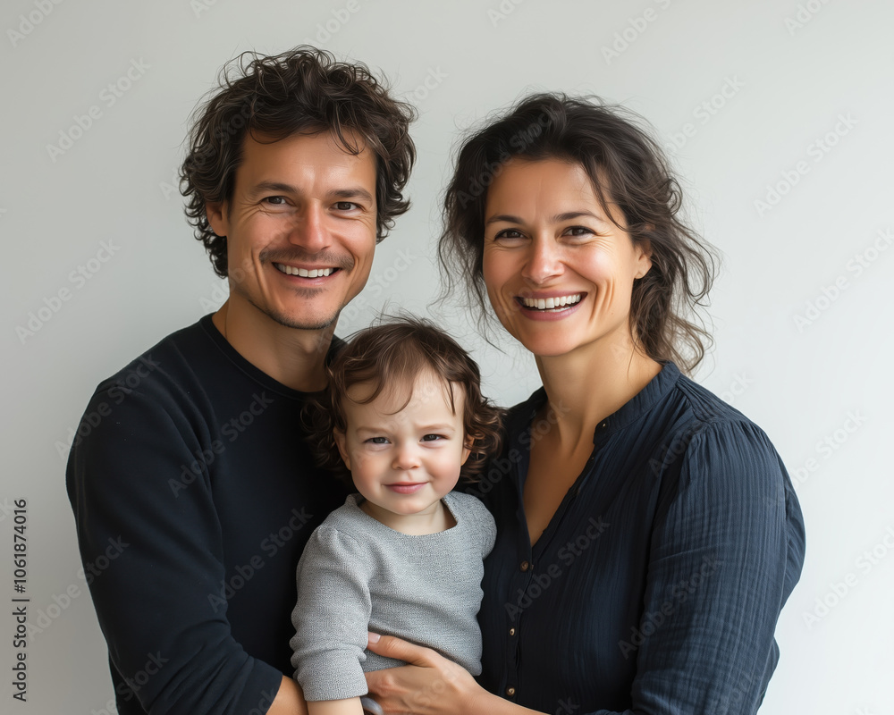 Portrait of a happy family, father mother and toddler, studio photography, white background, Happy Family Portrait of a happy family, father mother and toddler, studio photography, white background, Happy Family