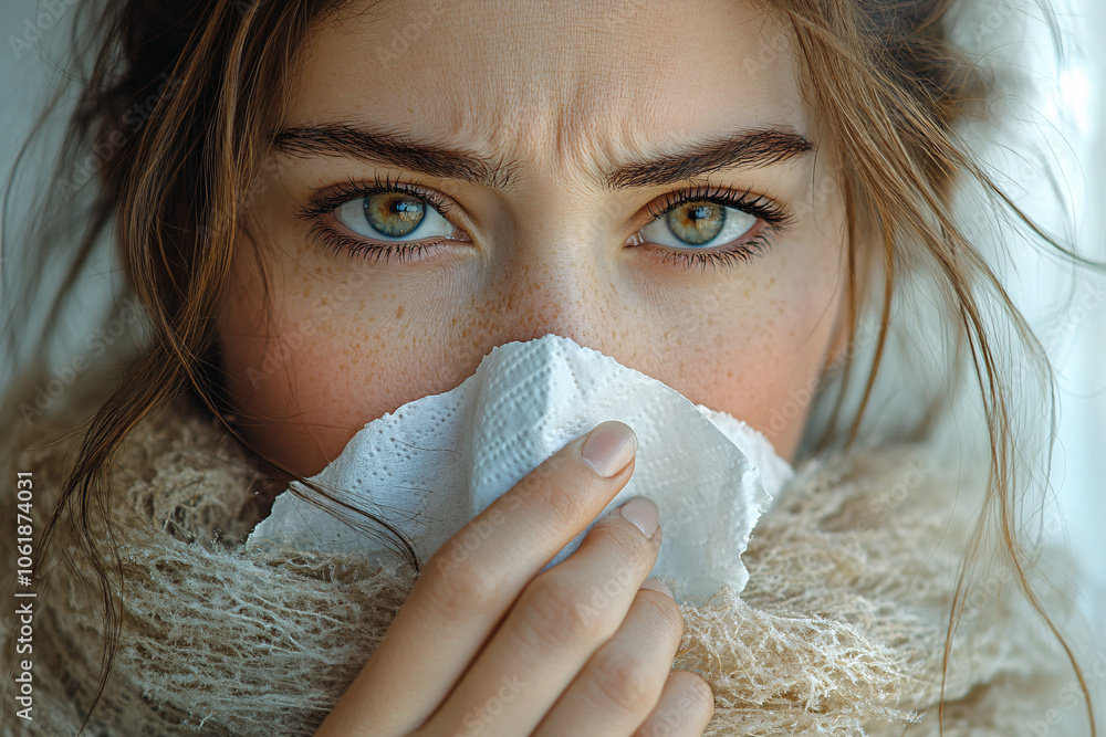 A close-up portrait of a woman with a cold, expressing vulnerability and sadness. Ideal for health blogs, wellness campaigns, or winter flu awareness promotions. A close-up portrait of a woman with a cold, expressing vulnerability and sadness. Ideal for health blogs, wellness campaigns, or winter flu awareness promotions.