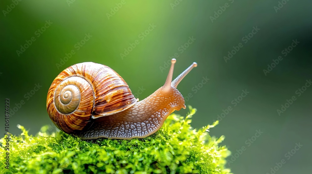 A small brown snail crawls on a patch of green moss. A small brown snail crawls on a patch of green moss.