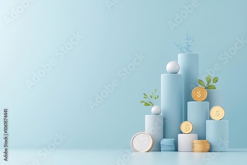 Business growth concept with charts, coins, and green plants on a blue background.