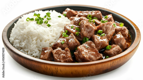 Steamed Rice with Beef & Sauce in Wooden Bowl